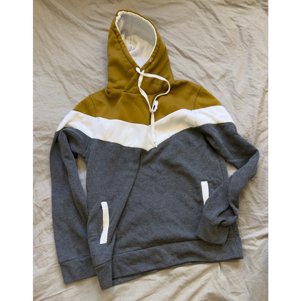 Stripe Grey White Gold 100% Cotton Multi-Colored Pullover Hoodie Mens S